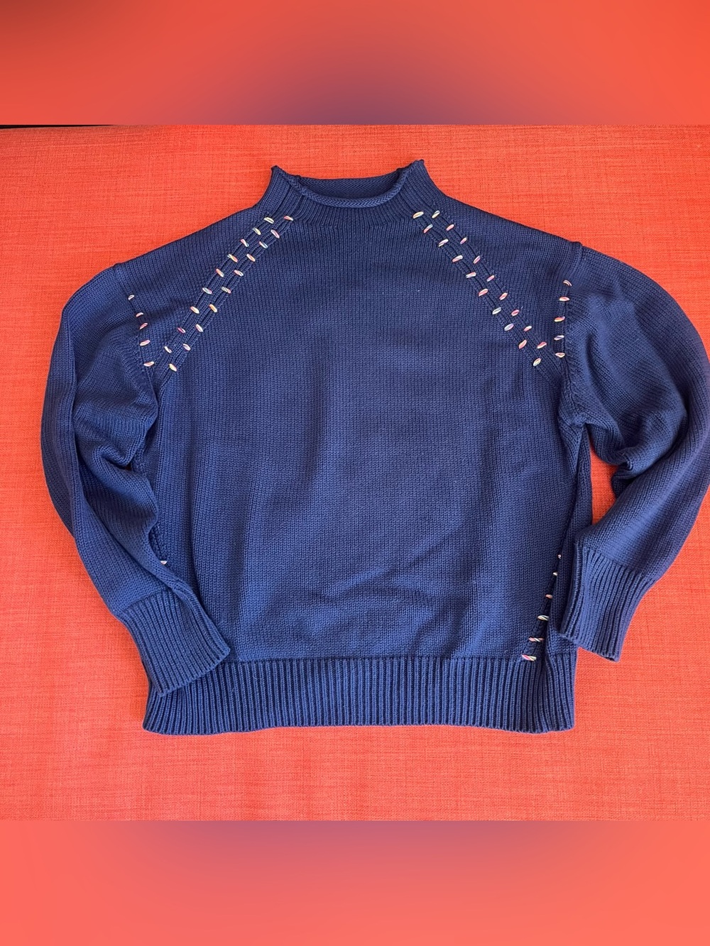 525 America Navy Roll Neck 100% Cotton Sweater Size M with Contrast Stitching.